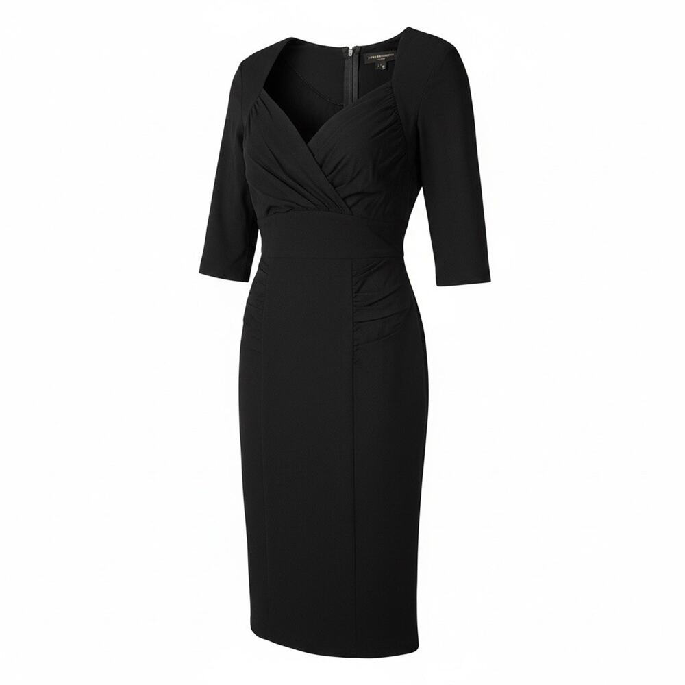 Stop Staring! Black Solid V-Neck Ruched Sheath Knee Dress 3/4 Sleeve M